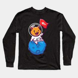 Astronaut cat with flag in hand Long Sleeve T-Shirt